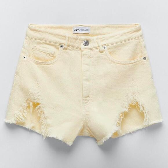 ZARA NWT Pastel Yellow Distressed High Rise 100% Cotton Denim Shorts - Picture 1 of 9